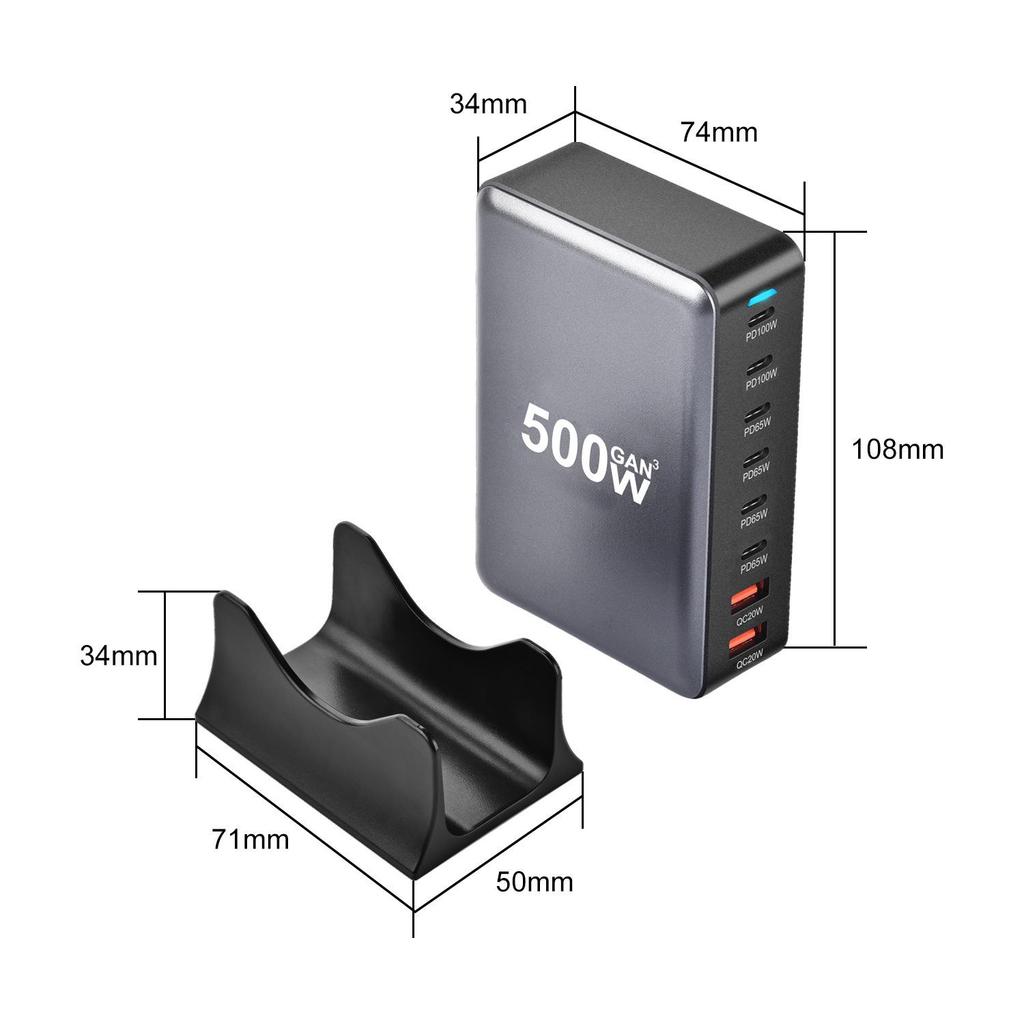 500W Gallium Nitride Multi-Port Desktop Charger for Fast USB Charging