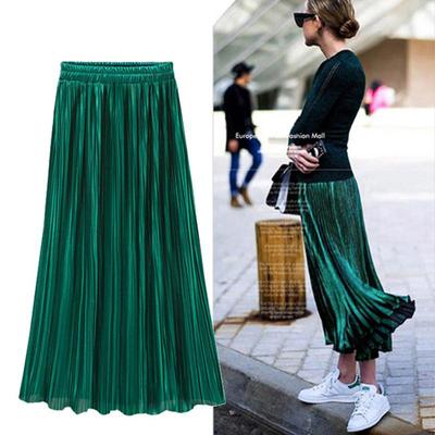 HI-FASHION letná skladaná sukňa dámska vintage sukňa s vysokým pásom nová móda ležérne zelené dámske jednoliate dlhé sukne