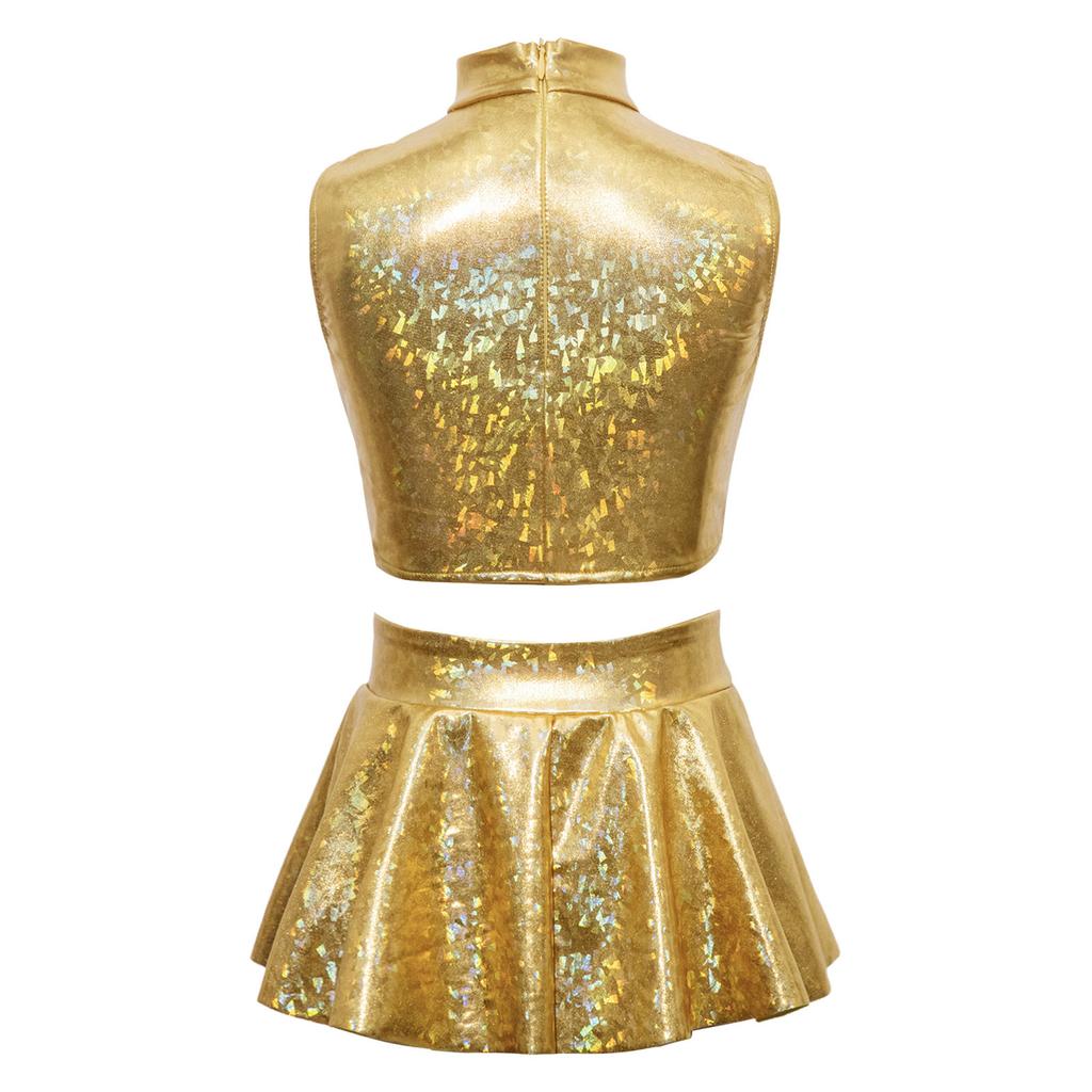 Costum de Dans Jazz pentru Fete 2 Bucăți Metalic Lucios Patchwork Strălucitor Crop Top Fără Mâneci cu Pantaloni tip Fustă pentru Competiție pe Scenă