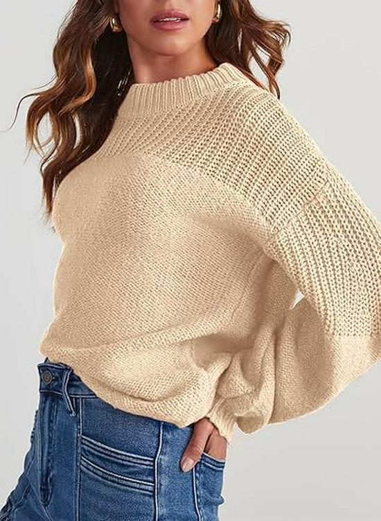 Women's Lantern Sleeve Round Neck Pullover Sweater