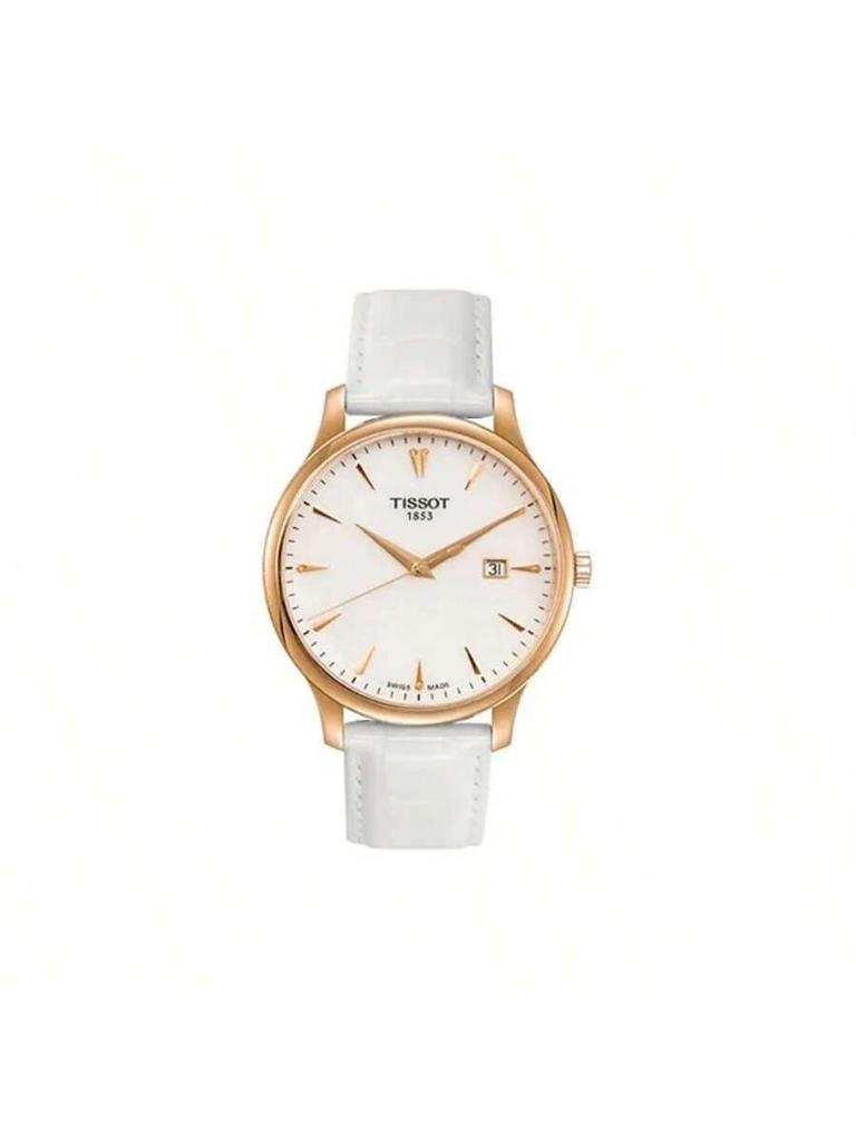 Tissot Elegancki zegarek męski z mechanizmem kwarcowym, wodoodporny do 30m, Modny biały cyferblat 42mm, koperta ze stali nierdzewnej, skórzany pasek, T063.610.36.116.01
