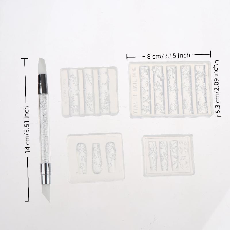 

4pcs Relief Lily Flowers Nail Carving Mold 3D Silicone Hibiscus Flowers Petals Modeling Templates With Carving Pen Nail Tools