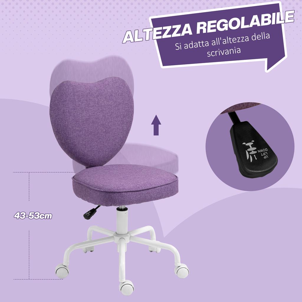 Heart Desk Chair with 5 Wheels and Adjustable Height In Fabric, 40x50x79-89cm, Purple