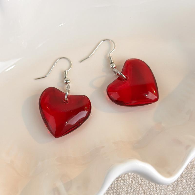 Sweet Transparent Red Glass Earrings Women Candy Color Heart Pendant Hook Ear Jewelry