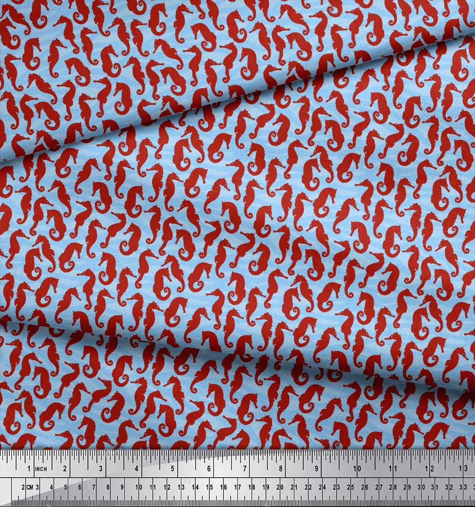 Soimoi Japan Crepe Satin Fabric Sea Horse Ocean Printed Craft Fabric by the metre 42 Inch