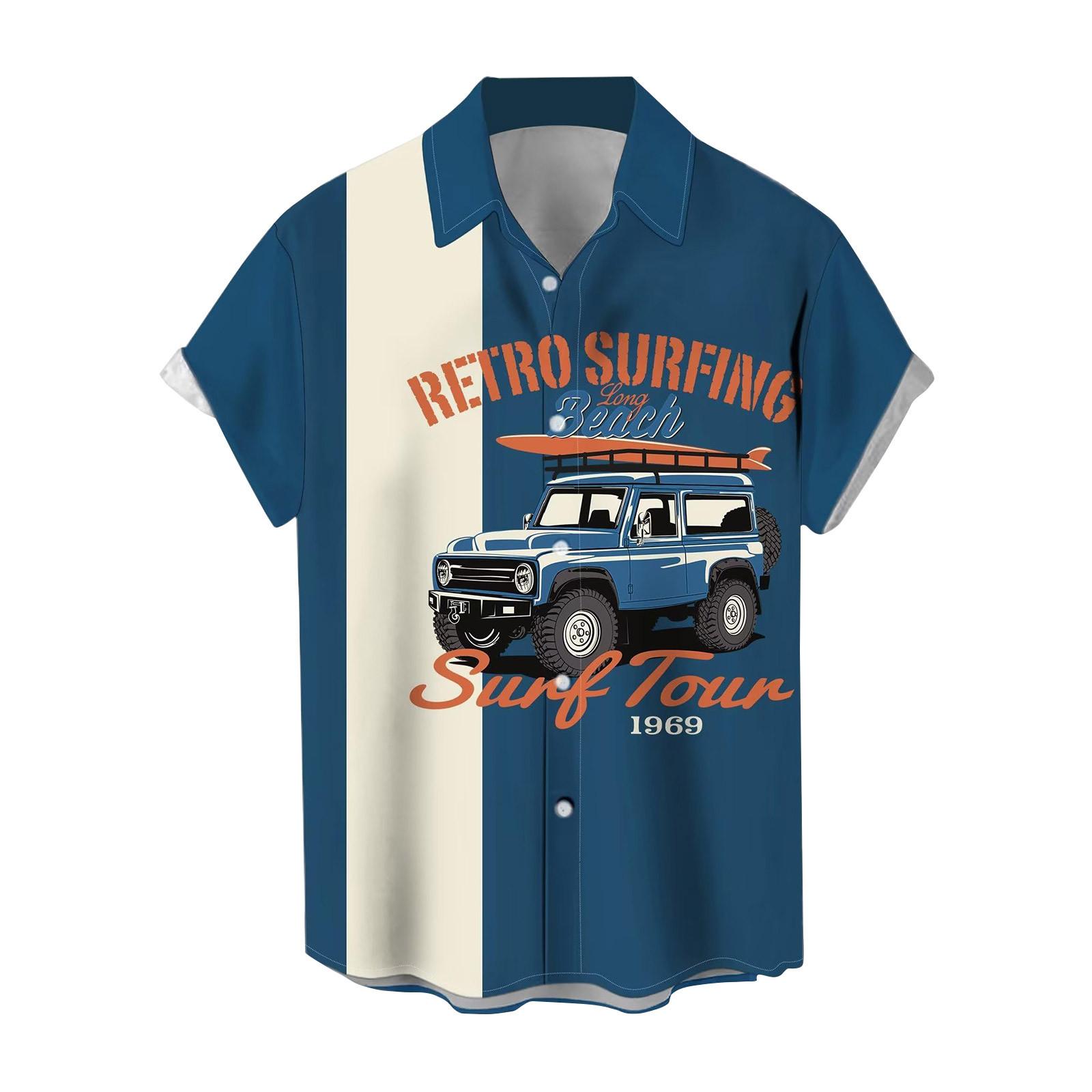 

Гавайская рубашка для мужчин, мужские винтажные рубашки для боулинга на пуговицах, летняя пляжная рубашка с коротким рукавом L тёмно-синий