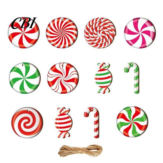 Christmas Photo Props 12/24/36Pcs Candy Cane Ornaments, Wooden Xmas Tree Decor with Red Green Rustic Striped Color, Holiday Hanging Decorations