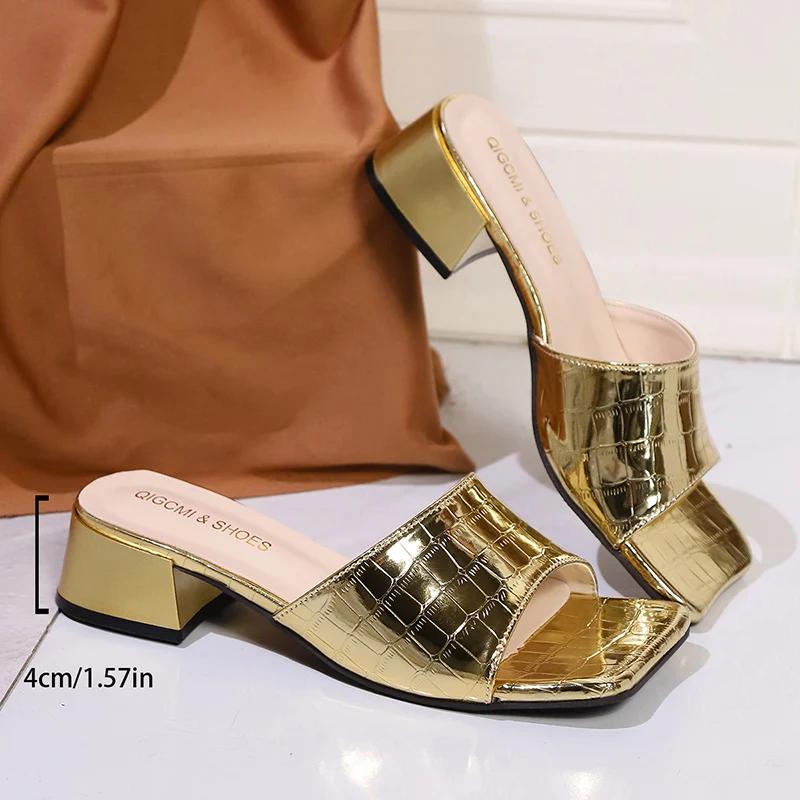 

Женские золотистые шлепанцы на массивном каблуке с квадратным носком, летние сандалии, женские удобные сабо на толстом каблуке, Sandalias Mujer 2025 43 золотой