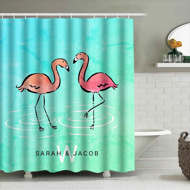 Colorful Flamingo Shower Curtain Personalized with Name and Initials for Bathroom Decorations