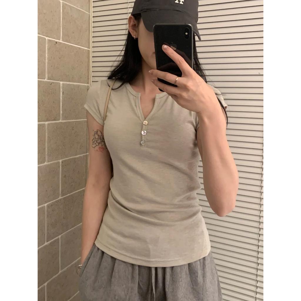 Henry Collar Three-button Small V-neck Short-sleeved Women's Summer Thin Slim-fit Slim Bottom Top Commuter Basic T-shirt