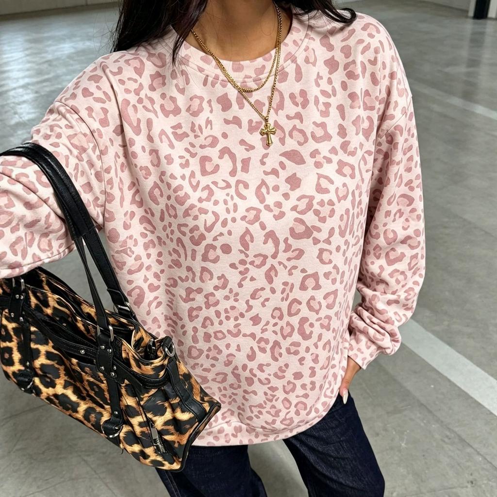 2026 Autumn and Winter New European and American Women's Clothing Leopard Print Crew Neck Printing Loose Sweatshirt Sweater