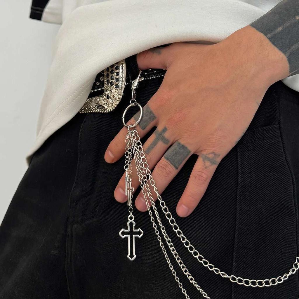 KunJoe Goth Punk Jesus Cross Pendant Waist Chain Jeans Accessories Men Vintage Versatile Multilayer Metal Pants Chain Male Gift