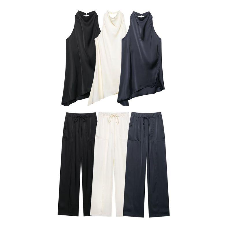 Kaslead New Women clothes Western Style Silk Satin Texture Hanging Neck Top Trousers 2754253 2706253