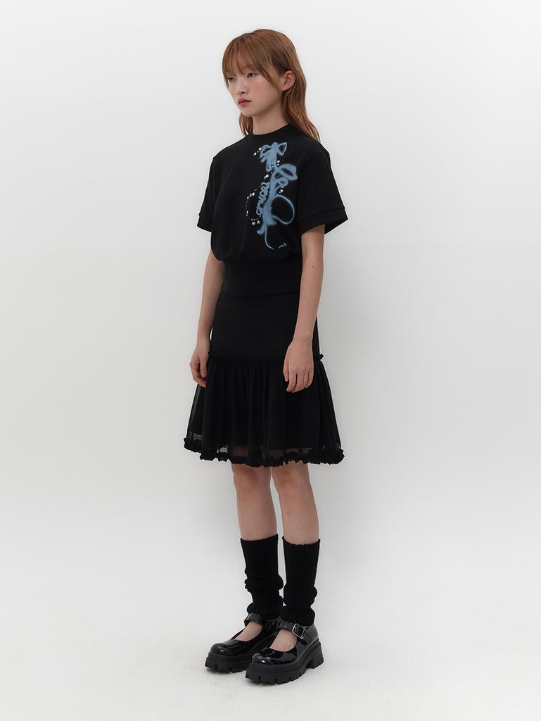 TUOMIO Mesh Frill Layered Skirt [Black]
