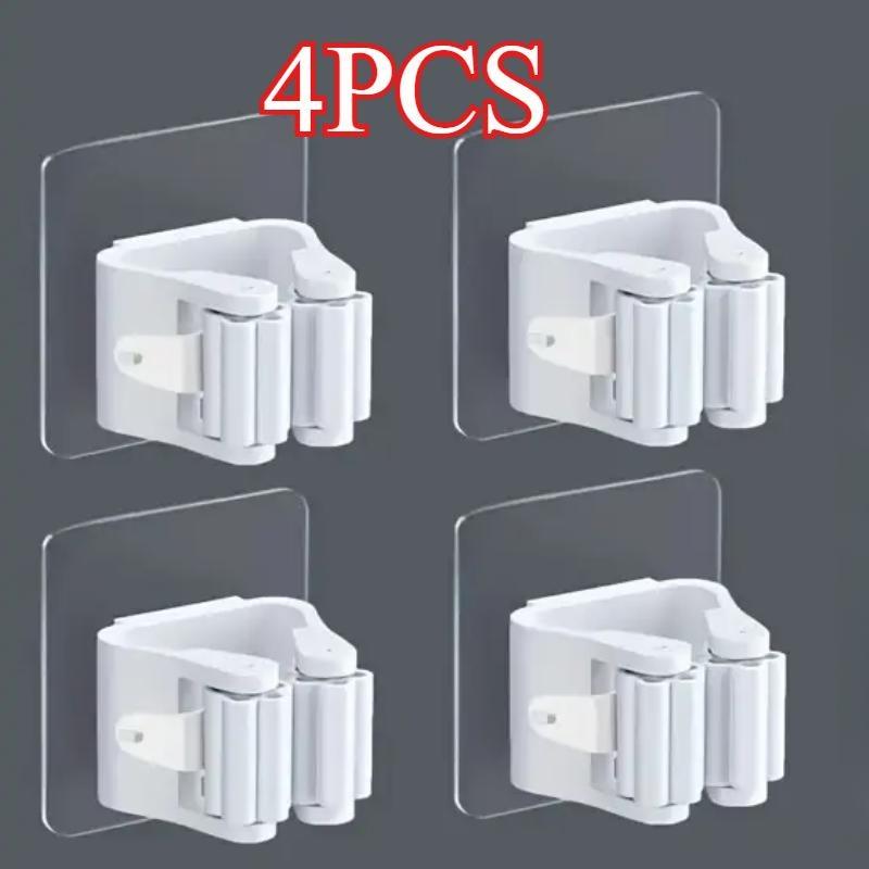 

4 Piece White Non Perforated Mop Holder, Self-adhesive Installation, Suitable for Kitchen and Bathroom - Can Fix Brooms, Mops