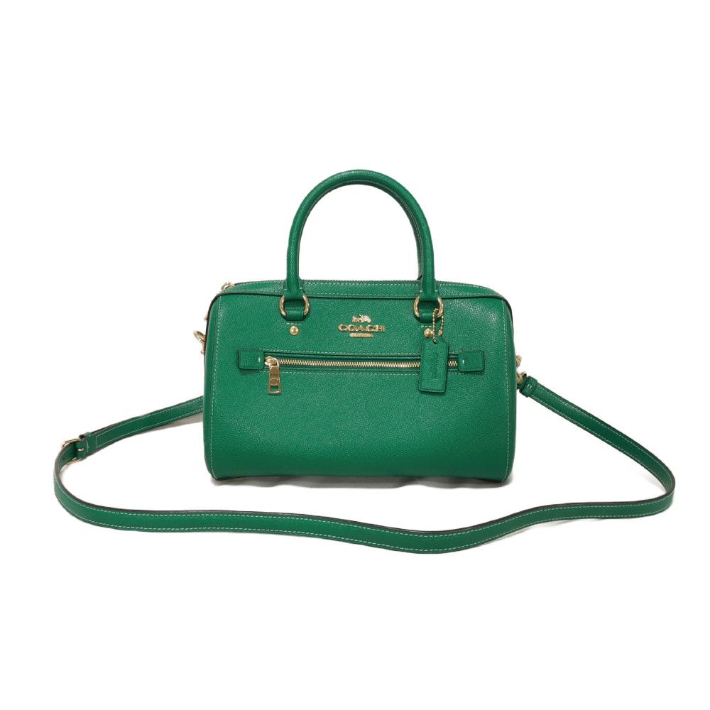 Used 9726 Roan Satchel 79946 7922 Cross Grain Calfskin 2-Way Shoulder Bag Crossbody with Metal Logo Green Unisex from