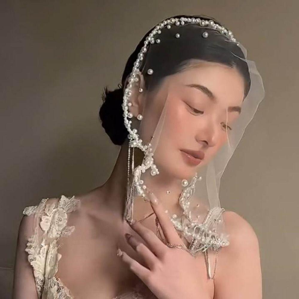 Tassels Wedding Veils Pearls Beads Bride Head Gauze Elegant Brides Veil Bride Jewelry