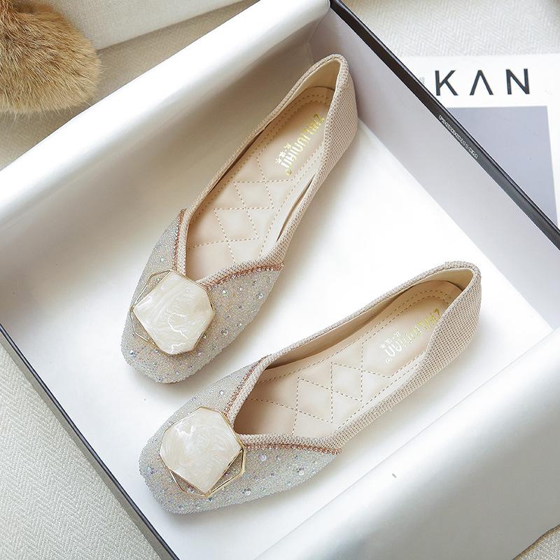 Flat Bottom Square Head Single Shoes Women's Spring and Autumn New Shallow Mouth Soft Sole Doudou Shoes Large Size