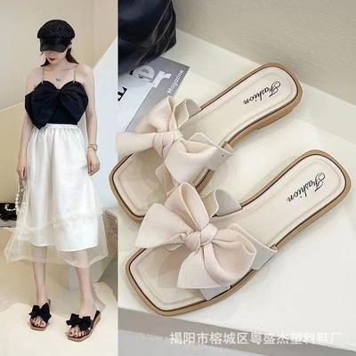 2024 New Bow Slippers for Women's Summer Outwear Fashion Home Flat Bottom Anti Slip Fairy Style Slippers Luxury Women's Shoes