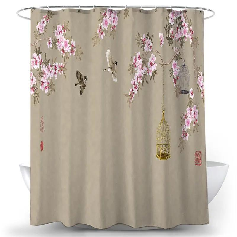 Flowers Birds Bath Curtain Waterproof Fabric Shower Curtains Floral Leaves Printing Bathroom Screen Landscape Home Decoration