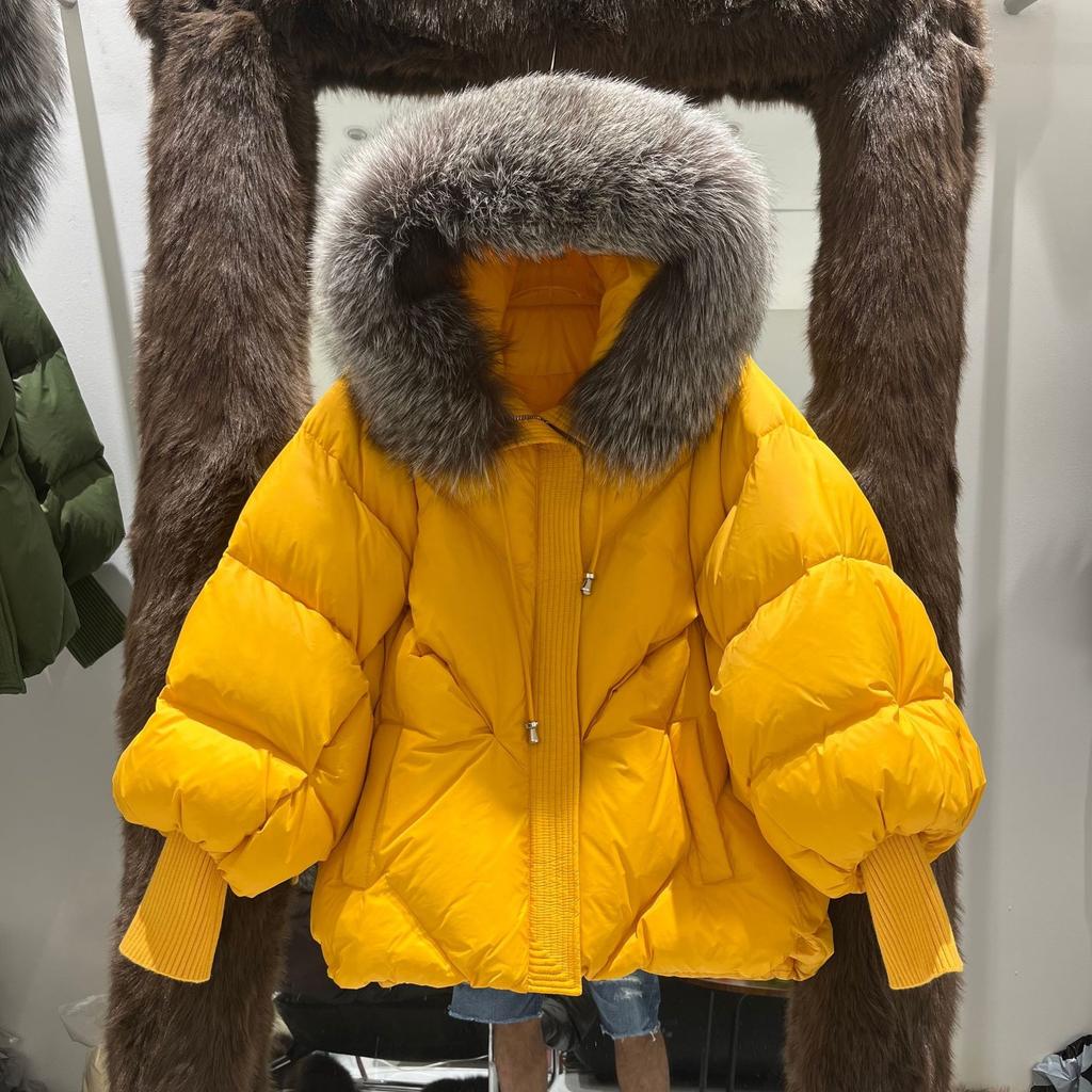 European winter new raccoon big fur collar hooded down jacket women's medium and long thickened warm knitted sleeve jacket