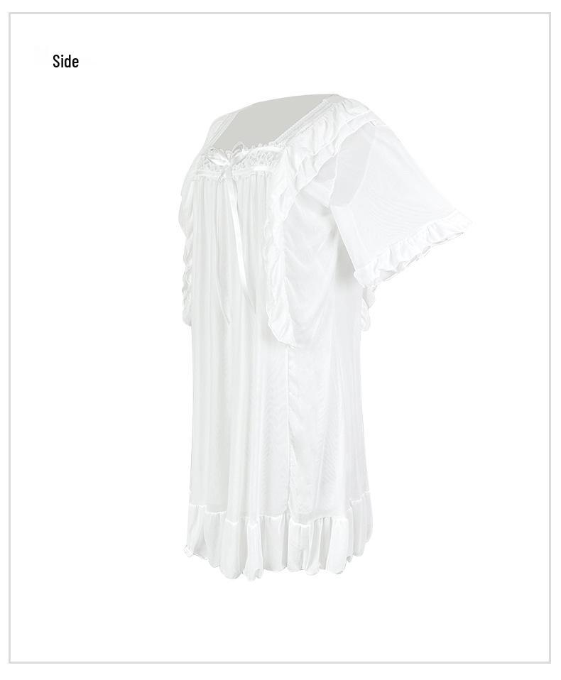 Women's White Fairy Net Yarn Nightgown – Square Neck, Ruffle, Loose Fit, Court Style Loungewear