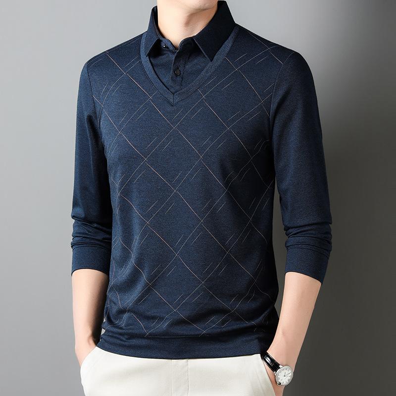 

Мужская рубашка поло с длинными рукавами, повседневная высококачественная футболка с ромбовидным узором, состоящая из двух частей 2XL тёмно-синий