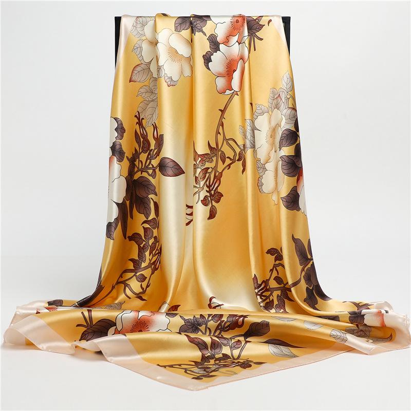 

Spring And Summer Silk Scarf Headscarf Female Plain Elegant Flower Gradual Change Color Scarf Satin Silky Large Square Scarf 90Cm Travel Shawl 90*90cm