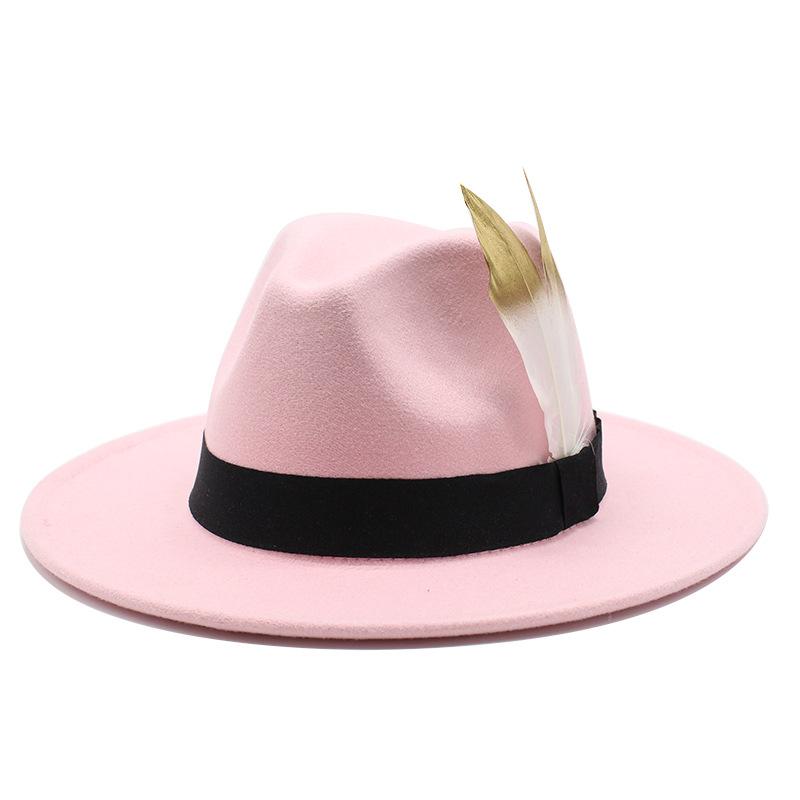 Trendy Wide-Brimmed Hat Woolen Top Hat Versatile Feather Flat Edge Jazz Hat British Style