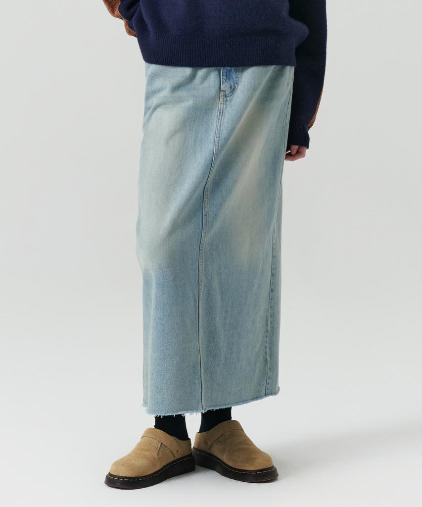 Leuba Rear-Slit Denim Long Skirt - Light Blue