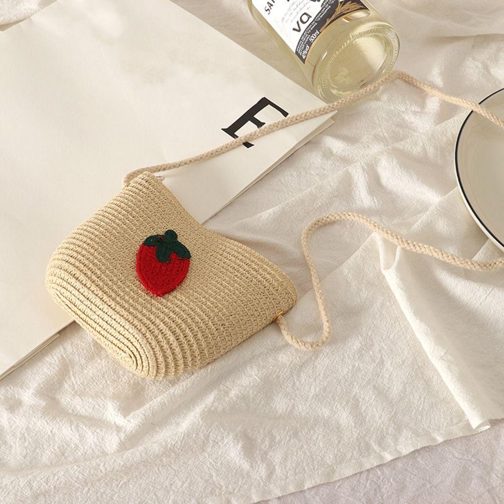 Children's Straw Beach Bag Cute Heart Pattern Shoulder Bag Straw Crossbody Bag Handbag Baby Coin Purse