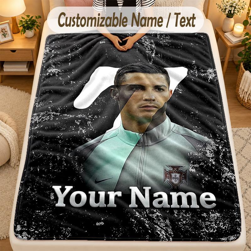 Flannel BlanketCristiano Ronaldo Custom Name Text Personalized Soft Warm Throw Blanket Home Decor Gift