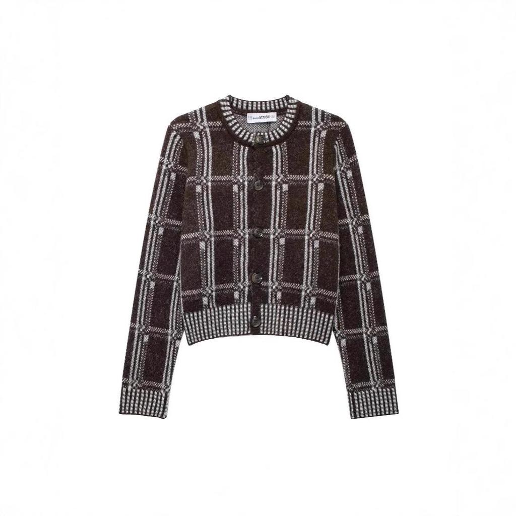 TAOP&ZA Early Spring Women's Plaid Knit Cardigan Coat - Round Neck, Single-Breasted Style