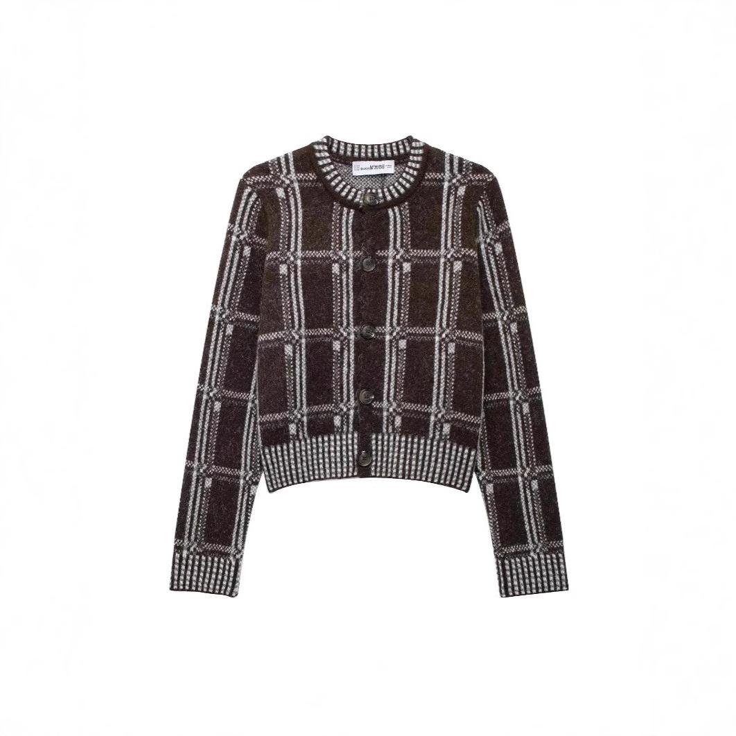 

TAOP&ZA Early Spring Women s Plaid Knit Cardigan Coat - Round Neck, Single-Breasted Style Small