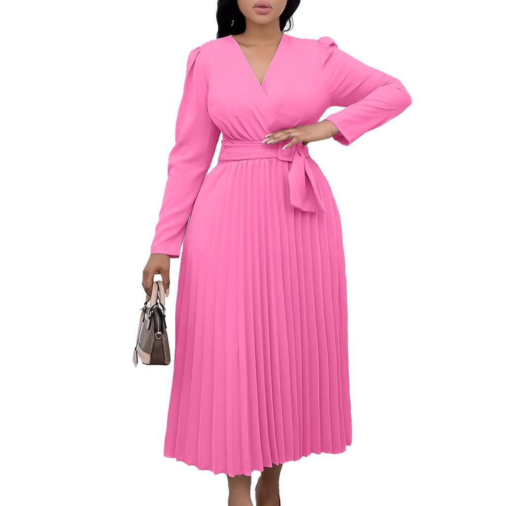 D419 Women's V-Neck Long-Sleeve Tie-Up Solid Color Slim Pleated Plus-Size Dress