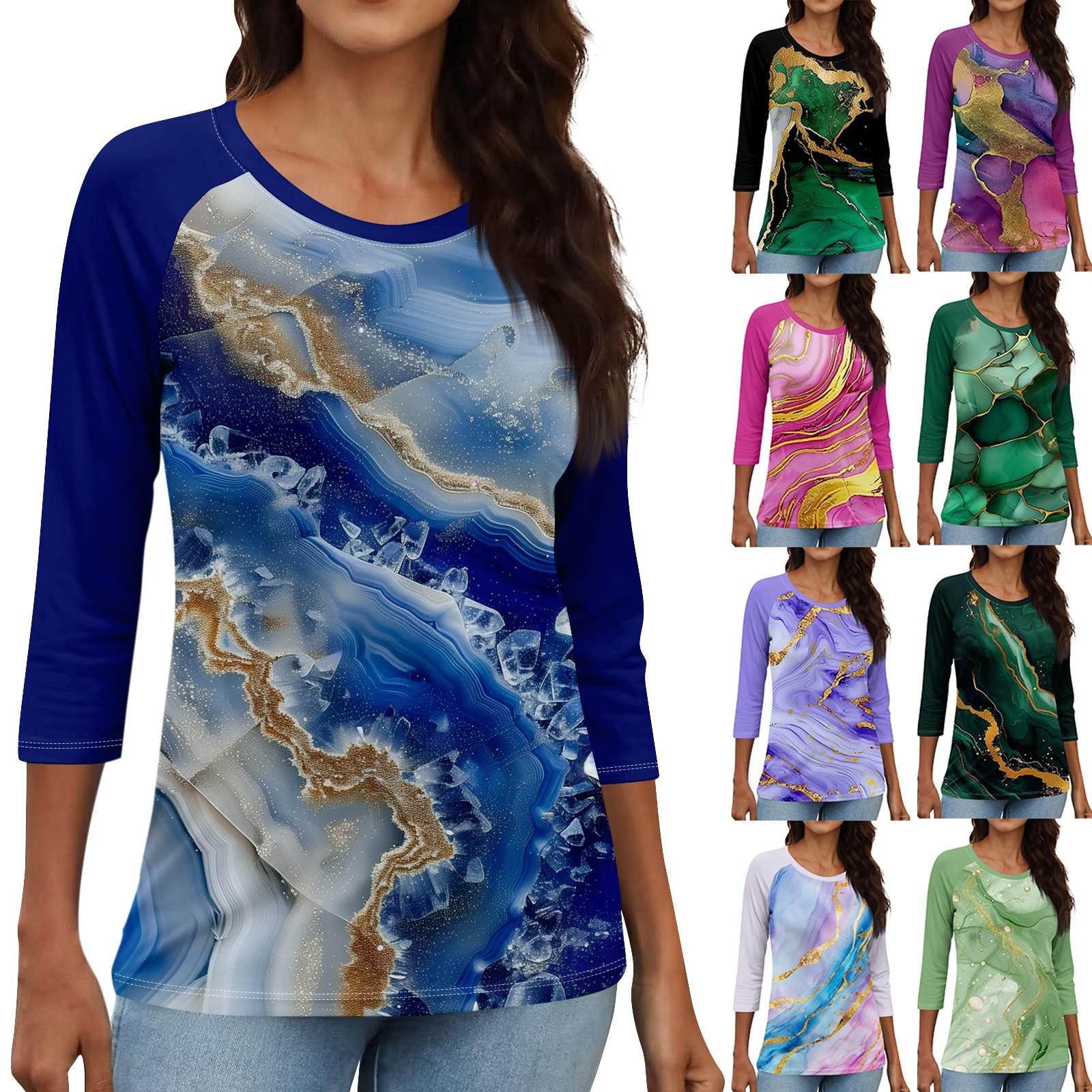 

Женская модная повседневная рубашка с круглым вырезом и рукавами 3/4, свободная футболка с принтом, женский топ