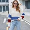 Damen Oversize Strickpullover mit Farbblockstreifen Rundhalsausschnitt Langarm Lockerer Schnitt Winter