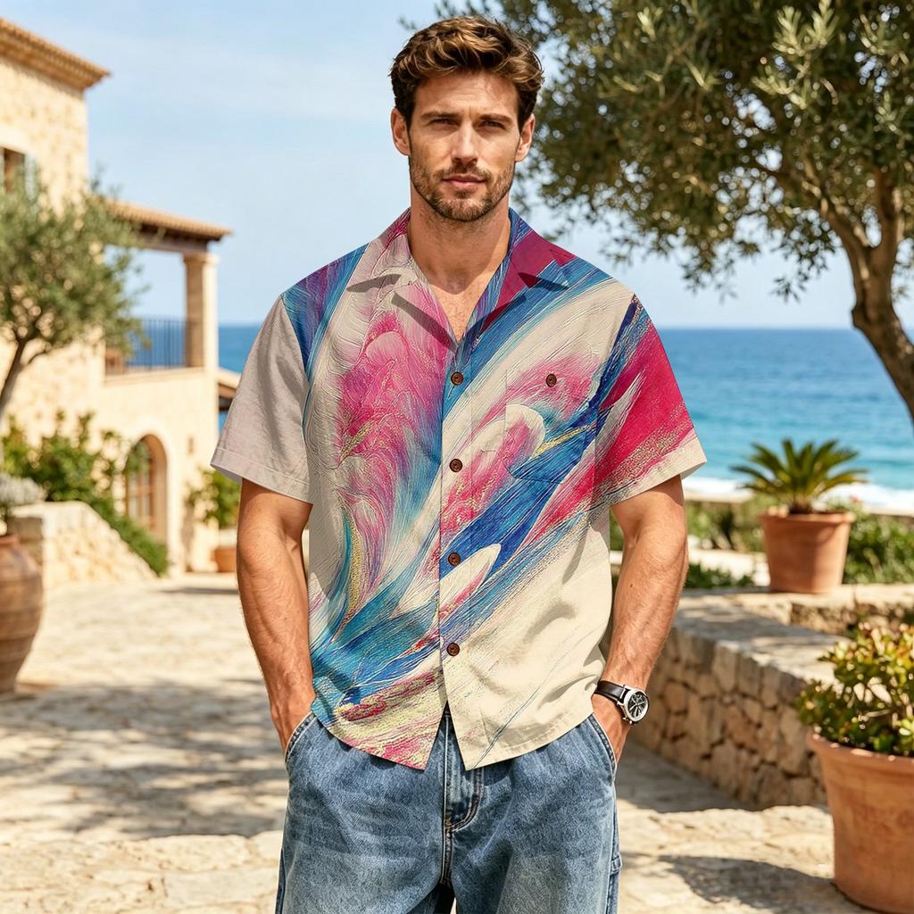 Men's Casual Short Sleeve Cotton Linen Shirt with Turn Down Collar and Artistic Print for Spring and Summer Relaxed Fit Top