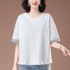 Women's Summer Plus Size Loose Fit All-Cotton Patchwork T-Shirt - Short Sleeve, Color Block, Middle-Aged Style