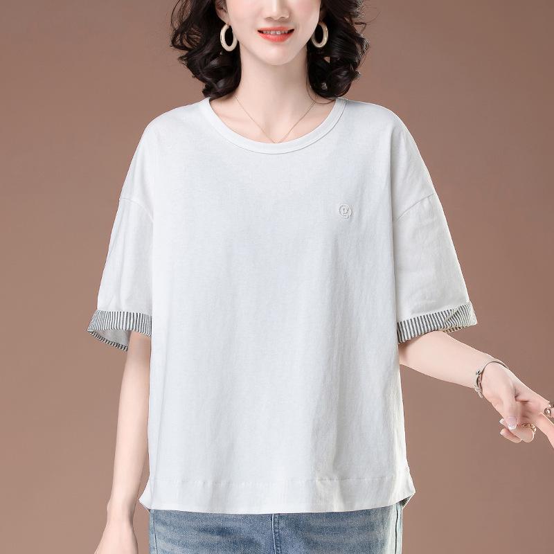 Women's Summer Plus Size Loose Fit All-Cotton Patchwork T-Shirt - Short Sleeve, Color Block, Middle-Aged Style