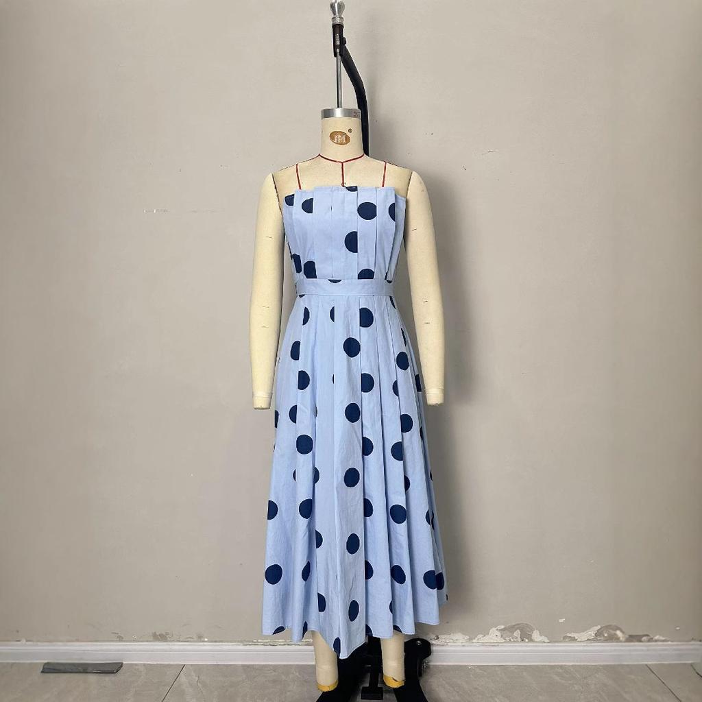 European and American Summer Cross-border Women's Clothing Temperament Polka Dot Sleeveless Slim Dress Vacation Style Long Dress Seaside Vacation