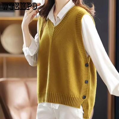 Zijknoop gebreid vest voor dames Lente en herfst Losse en luie Koreaanse stijl V-hals trui vest voor dames