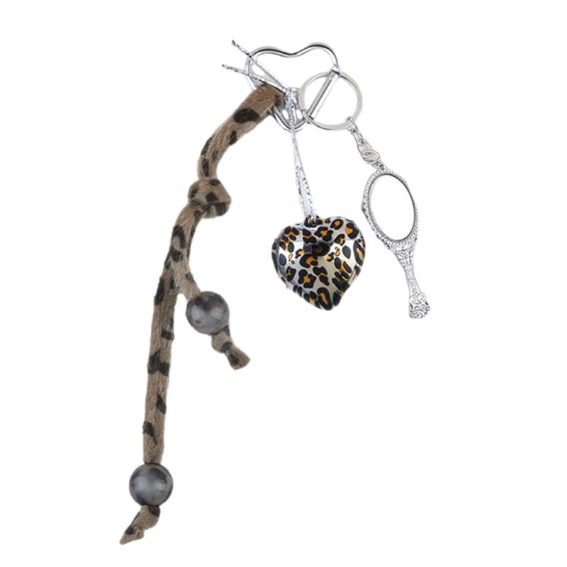 Elegant Leopard Print Strap Resin Heart Keychain Fashionable And Sturdy Keyrings Accessory For Keys And Bags