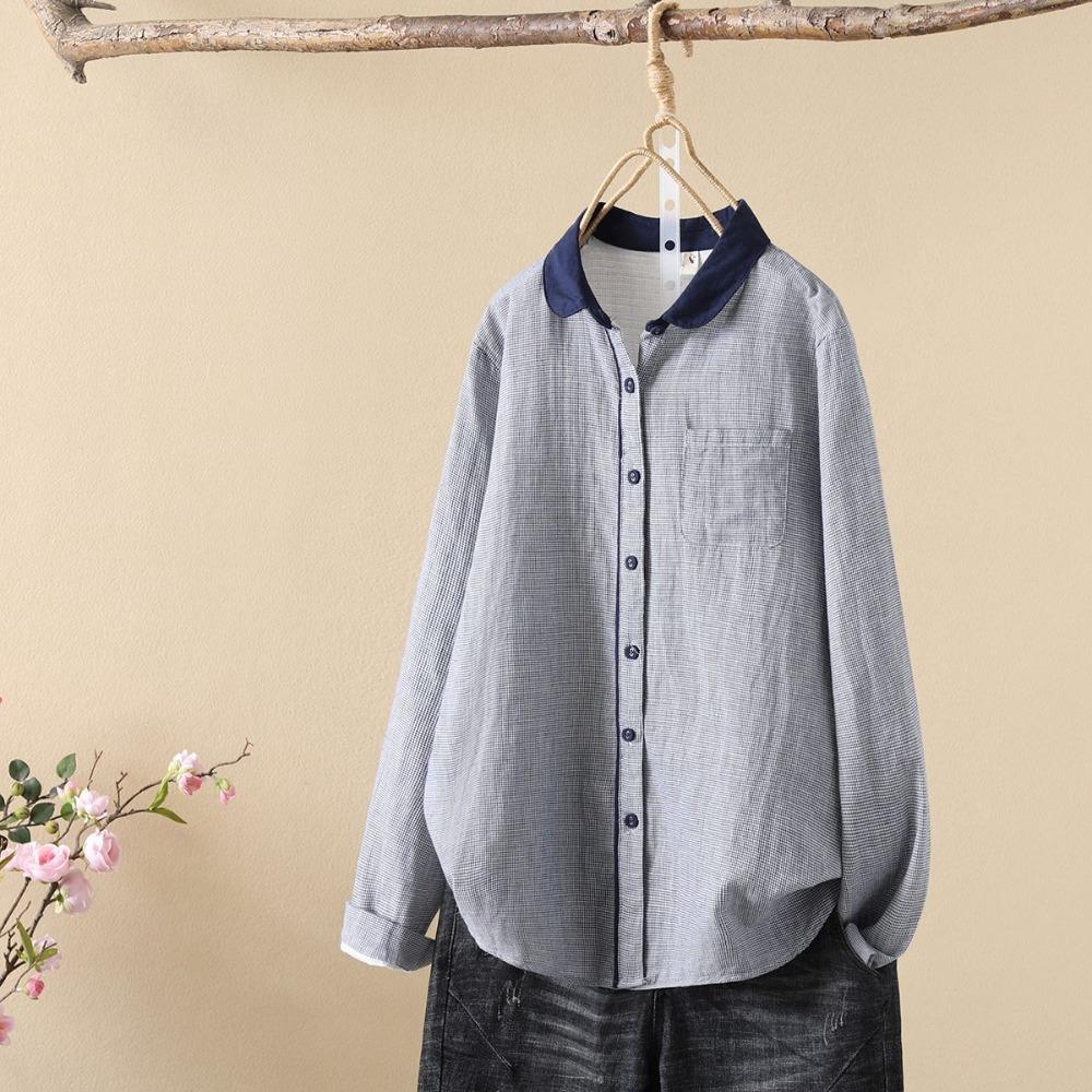 Youthful Korean Style Cotton Shirt Loose Fit Long Sleeve Vintage Peter Pan Collar Blouse for Women Spring Autumn Office Wear