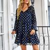 Women's Fashion Long Sleeve V-Neck Pleated Polka Dot Casual Loose High Waist Dress