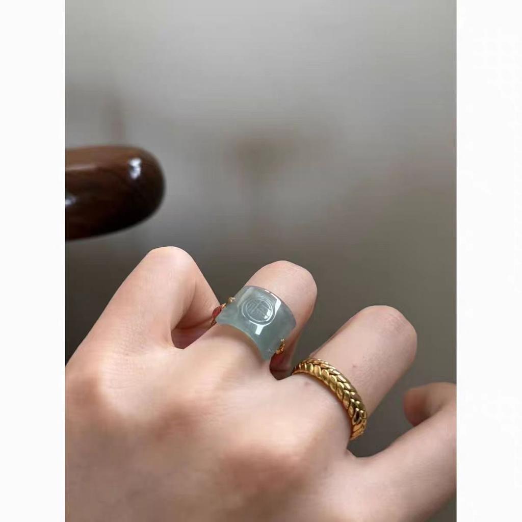 "Qingfu Naji" new Chinese imitation jadeite color blessing ring, high-end sense of national style ring temperament elegant jewelry