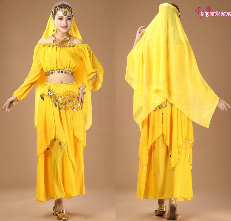 Traditional Ethnic Belly Dance Costume with Coin Skirt and Long Sleeves