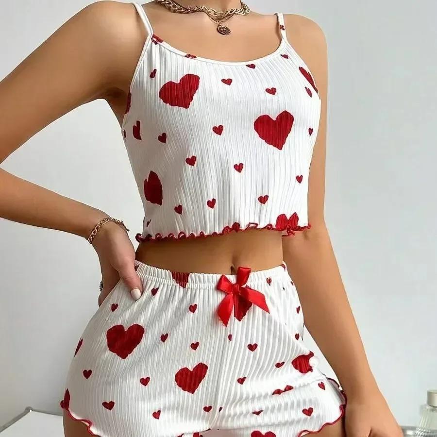 Women's Short Pajamas Set Sleepwear 2 PCS Short Tank Tops and Shorts S M L White Ventilate Soft Casual Love Printing