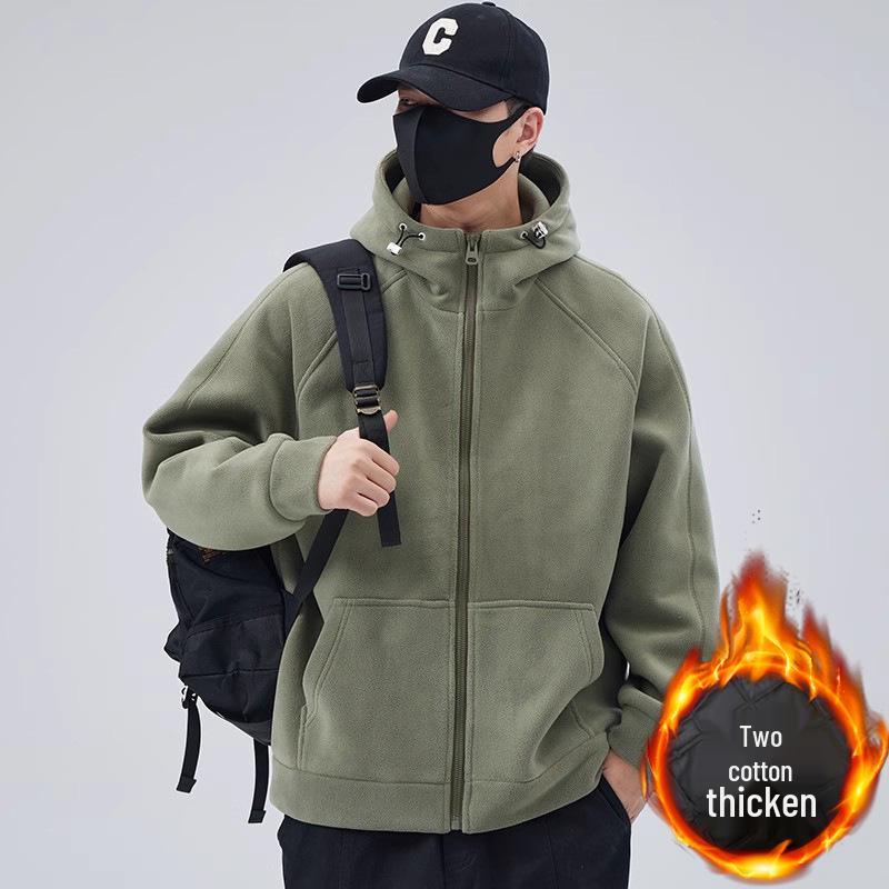 Men's Fleece Hooded Cardigan Sweatshirt: Solid Color, Padded & Thickened for Spring, Autumn & Winter 2025.