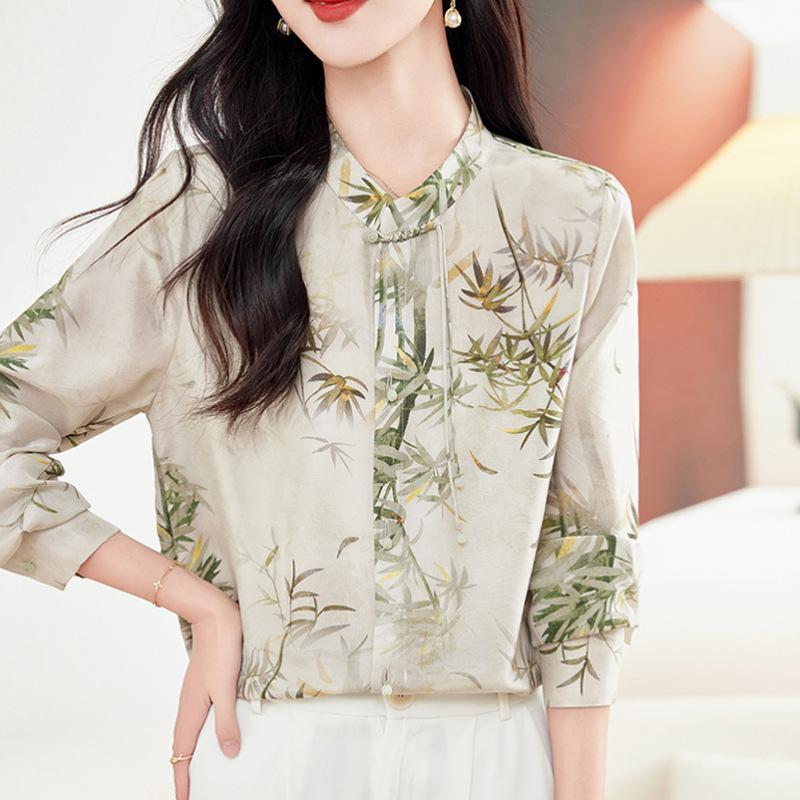 Silk shirt women's spring and autumn clothes new double crepe mulberry silk printed top